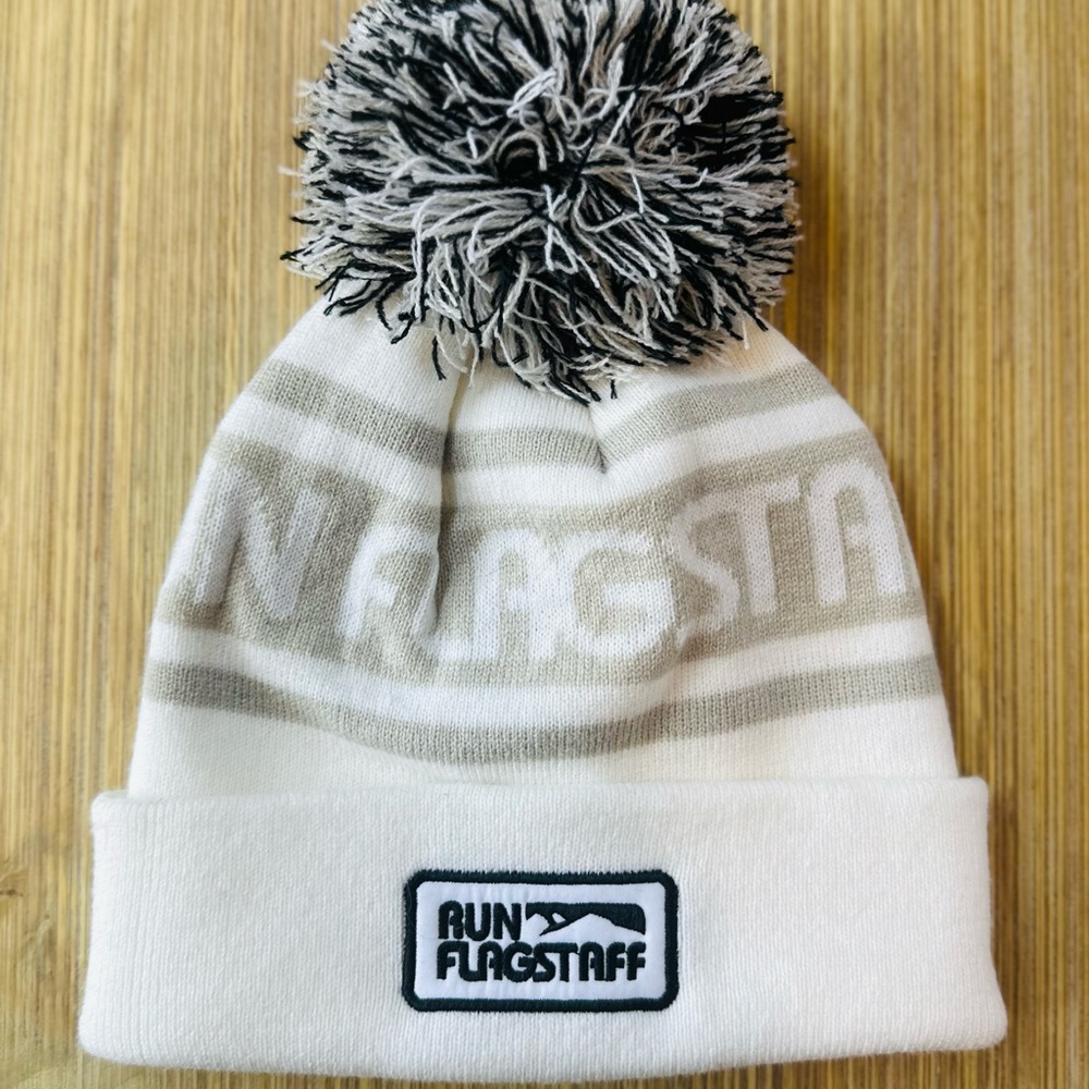 Adult Flagstaff Pom-Pom Beanie - White and Gray